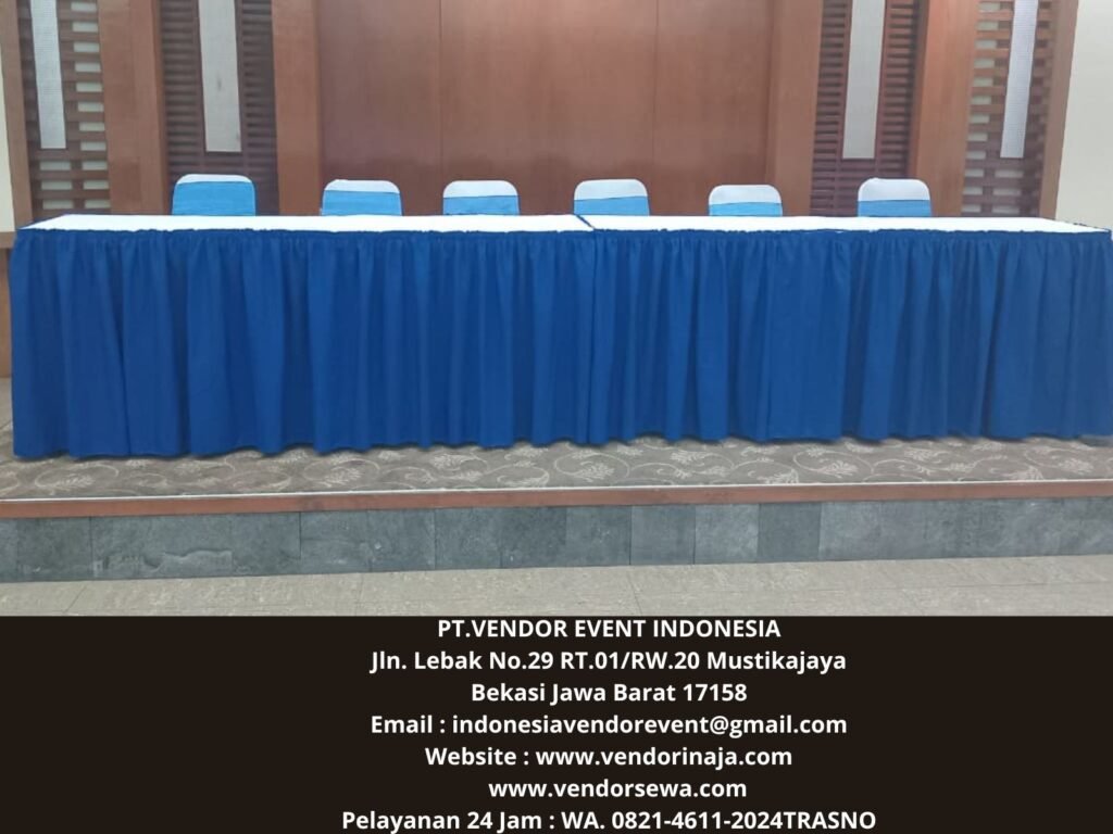 Rental Meja Bundar,Meja Kotak Cover Skirting Biru Jakarta