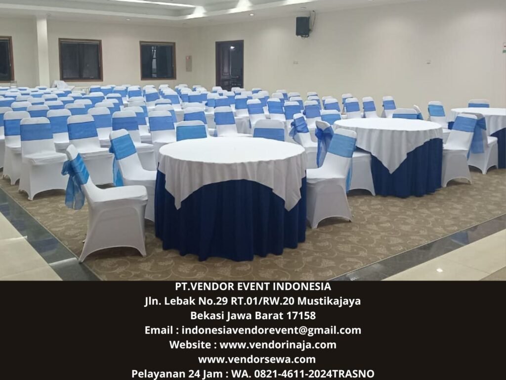 Rental Meja Bundar,Meja Kotak Cover Skirting Biru Jakarta