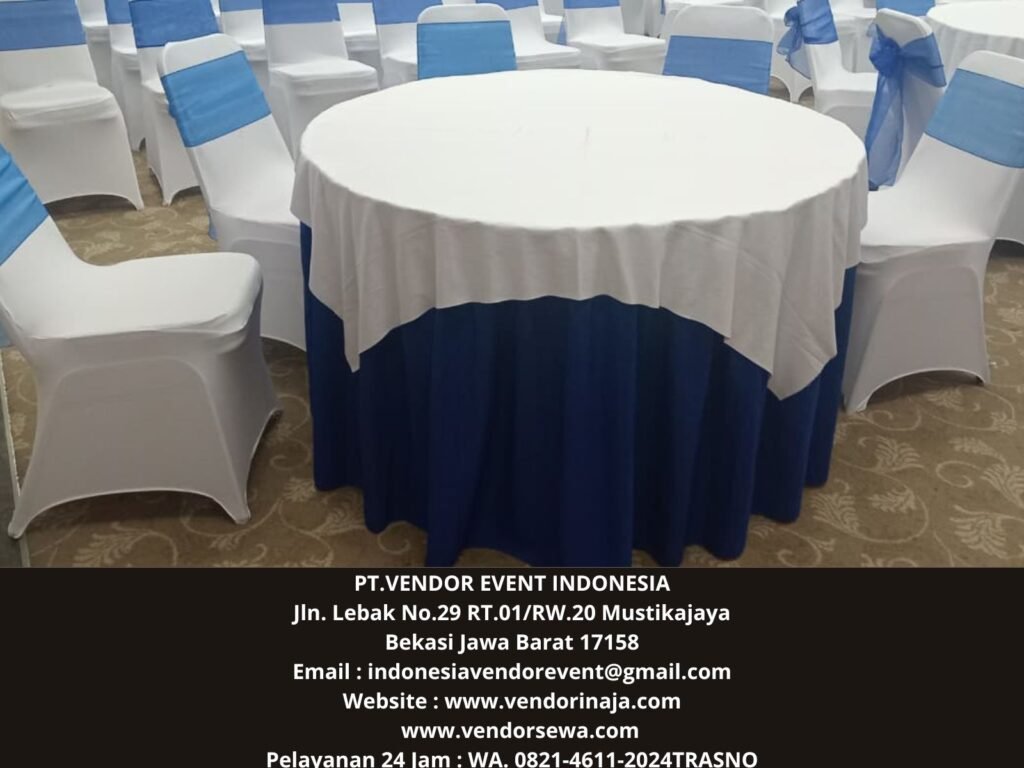 Rental Meja Bundar,Meja Kotak Cover Skirting Biru Jakarta