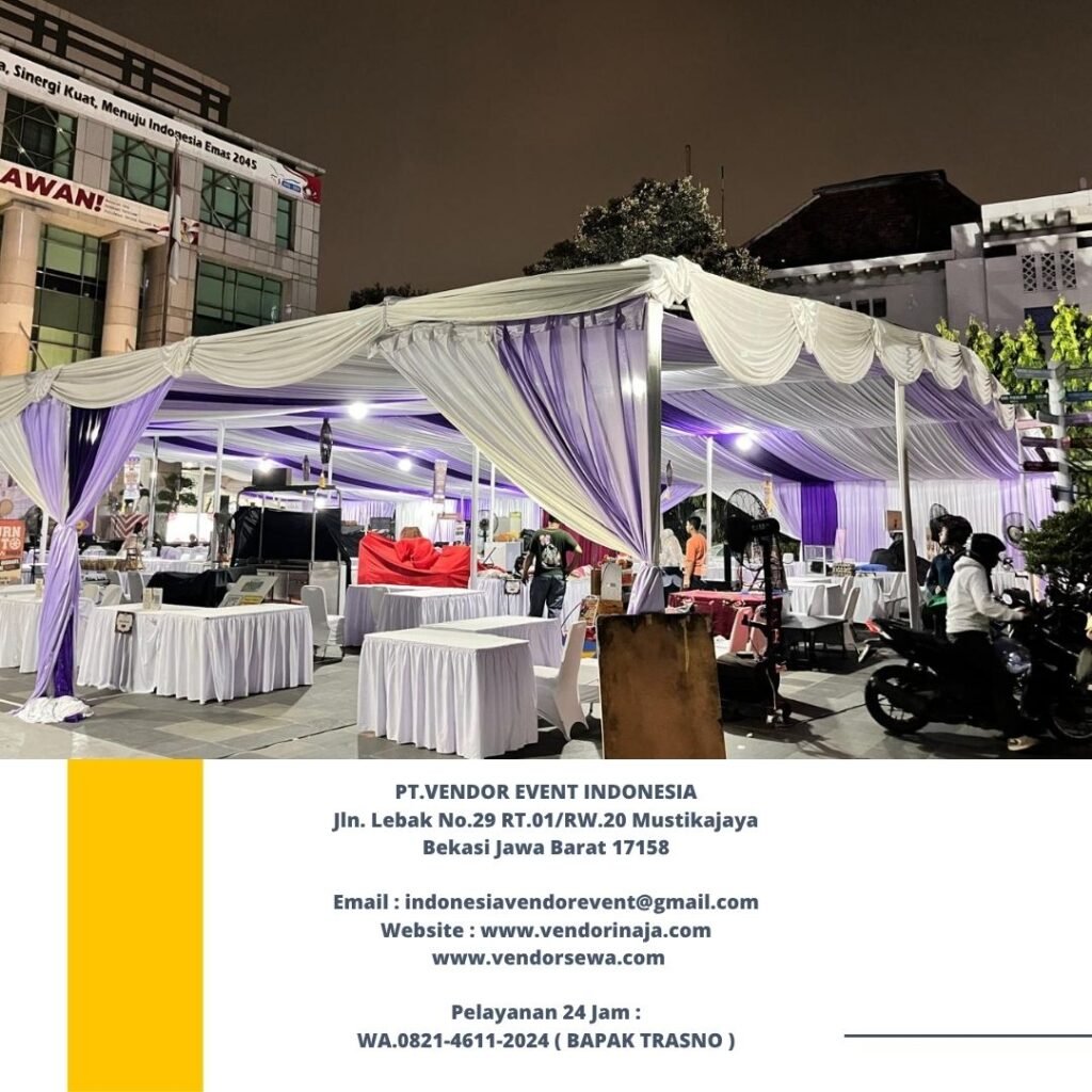 Sewa Tenda Serut Kain Dekorasi Putih Ungu Jakarta