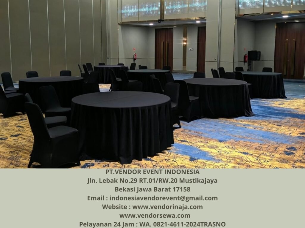 Sewa Meja D 160cm Cover Tebar Hitam Jakarta (0821-4611-2024)