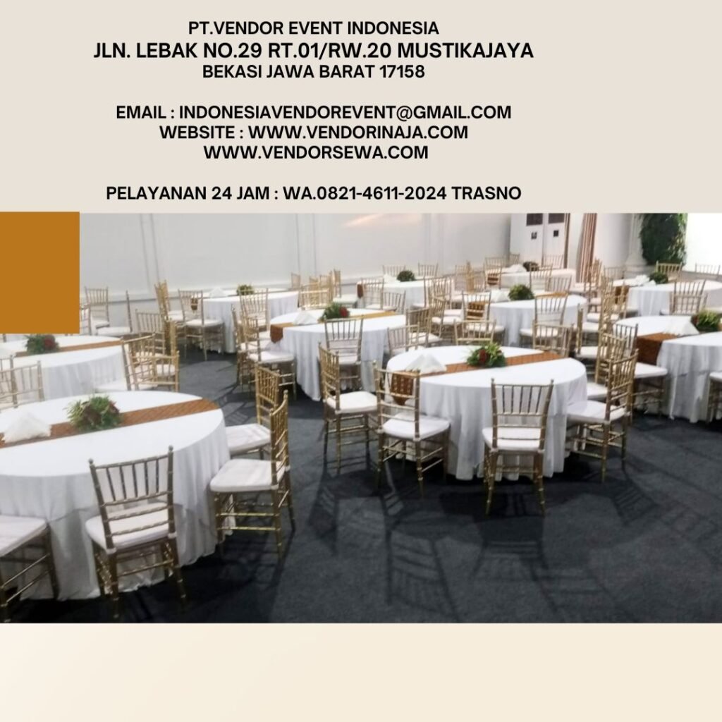 Sewa Round Table Cover Putih Runner Cokelat Dan Kursi Tiffany Gold Di Jakarta