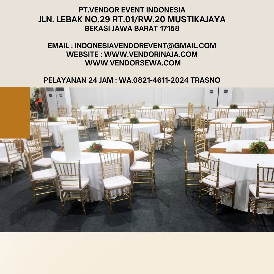 Sewa Round Table Cover Putih Runner Cokelat Dan Kursi Tiffany Gold Di Jakarta