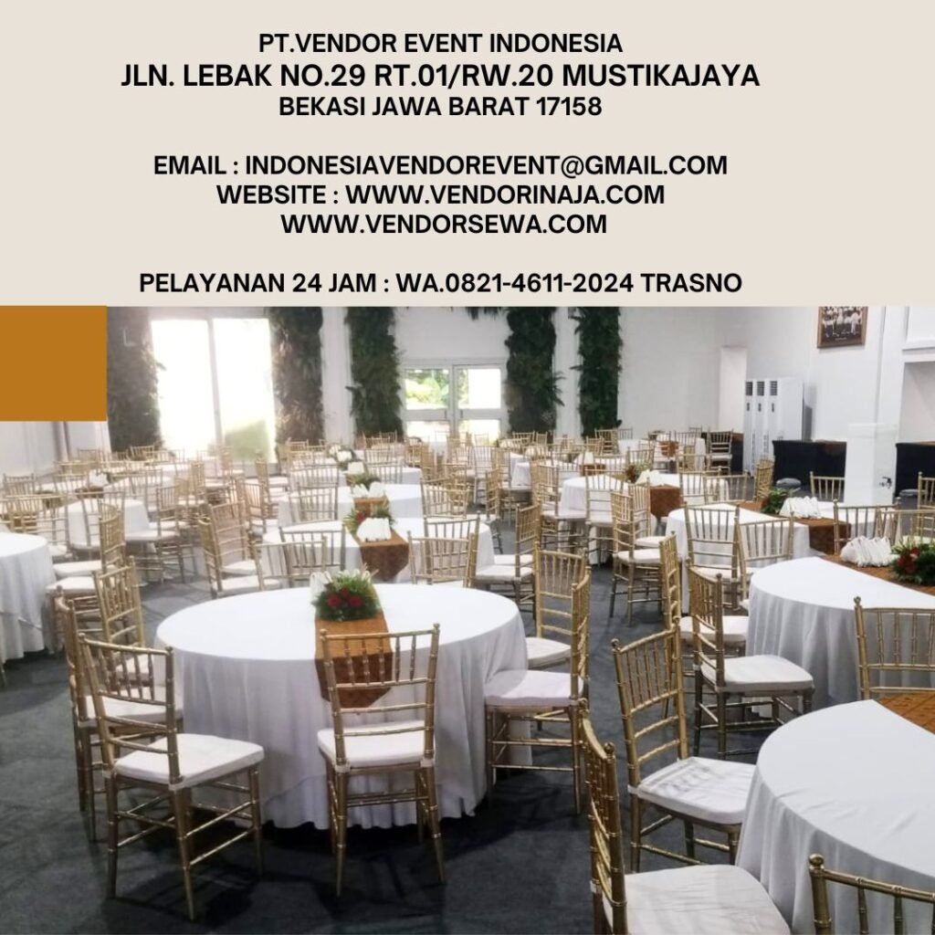 Sewa Round Table Cover Putih Runner Cokelat Dan Kursi Tiffany Gold Di Jakarta