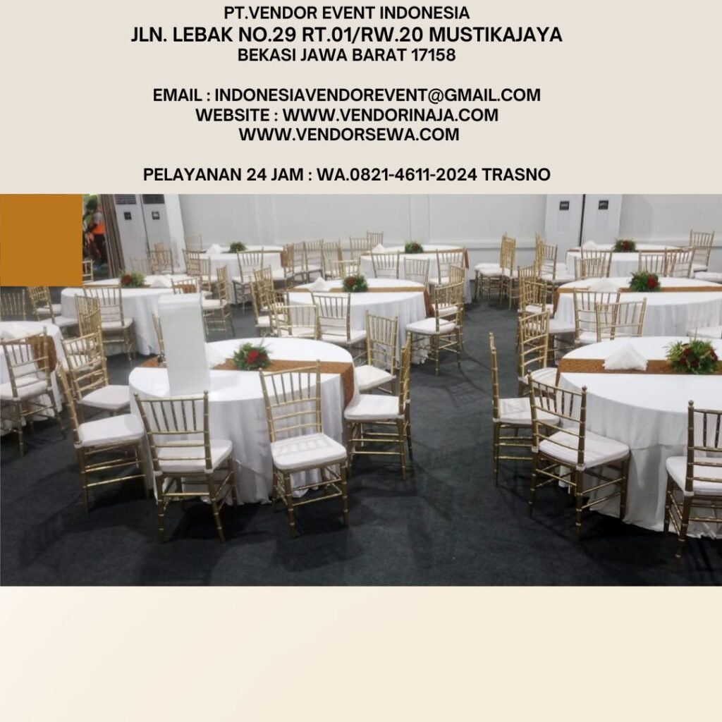 Sewa Round Table Cover Putih Runner Cokelat Dan Kursi Tiffany Gold Di Jakarta