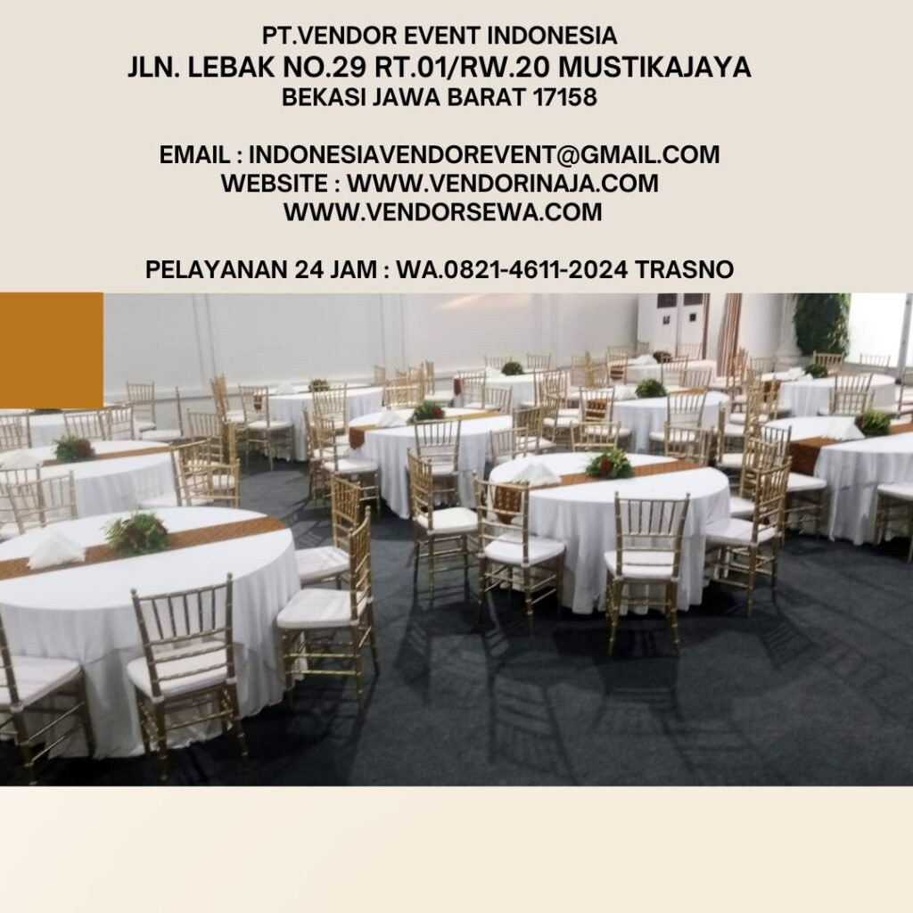Sewa Round Table Cover Putih Runner Cokelat Dan Kursi Tiffany Gold Di Jakarta